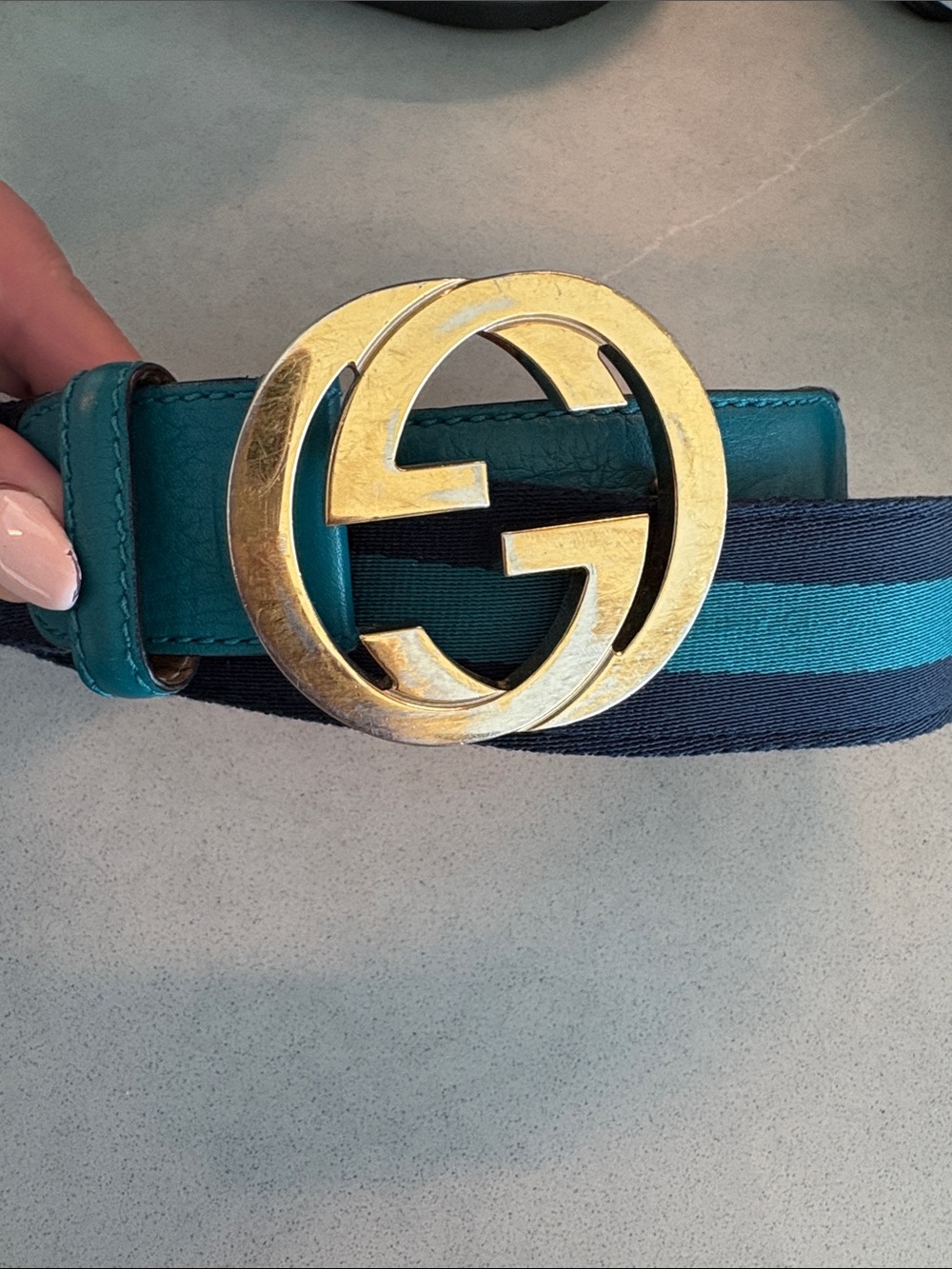 Gucci Teal and Navy Web Belt with Gold Double G Buckle